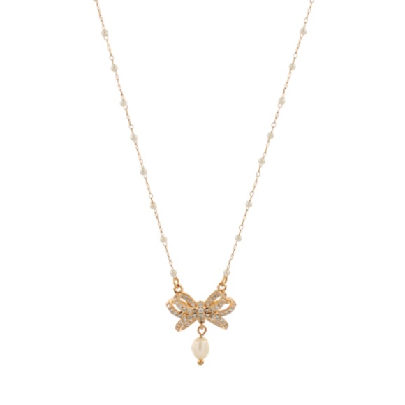 Pave Bow Pearl Necklace - Picture 1 of 2